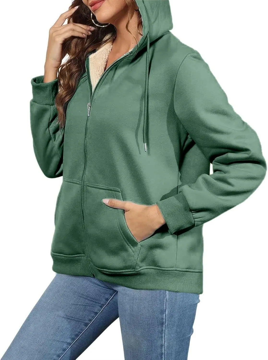Womens Thick Wool Zip Up Hoodies Long Sleeve Sweatshirts Winter Fall Outfits Oversized Sweaters Casual