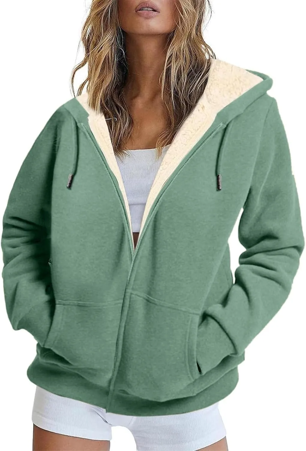 Womens Thick Wool Zip Up Hoodies Long Sleeve Sweatshirts Winter Fall Outfits Oversized Sweaters Casual