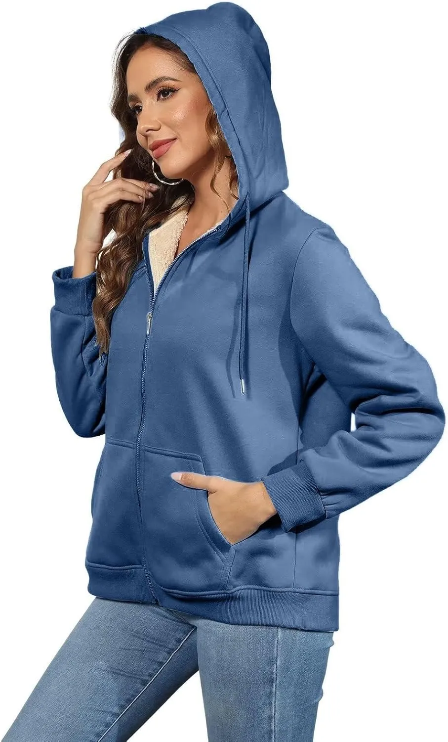 Womens Thick Wool Zip Up Hoodies Long Sleeve Sweatshirts Winter Fall Outfits Oversized Sweaters Casual