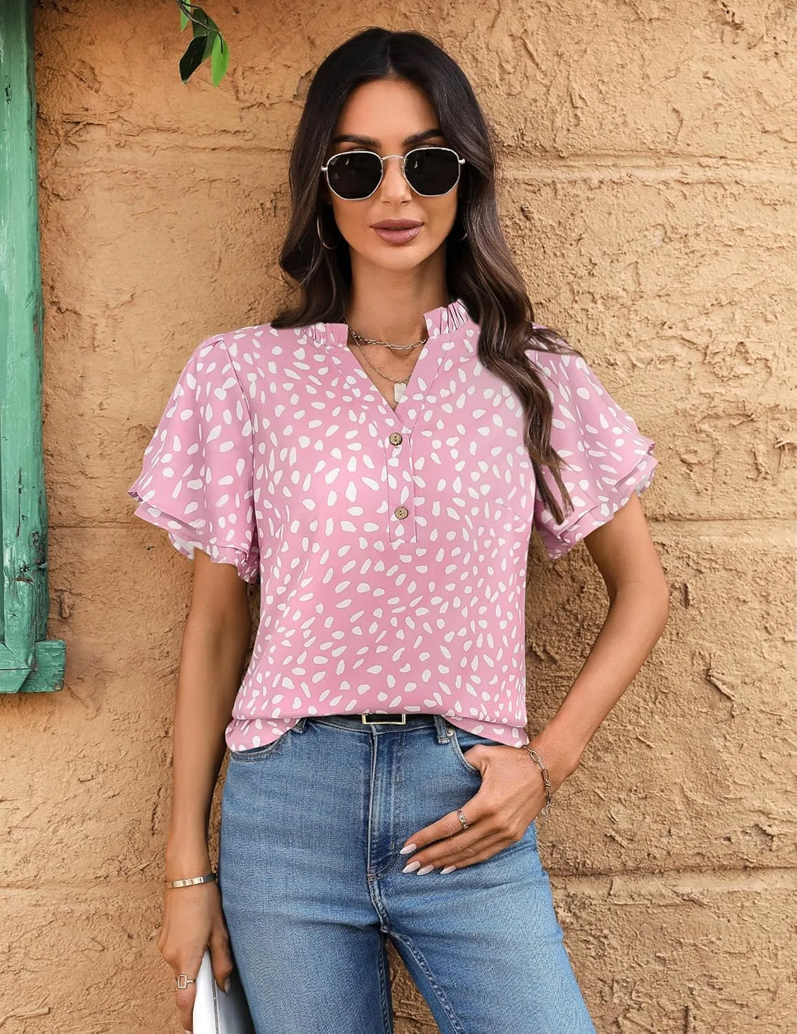 Womens Tops Dressy Casual Trendy Business Work Blouses Short Sleeve Ruffled V-Neck Tshirts