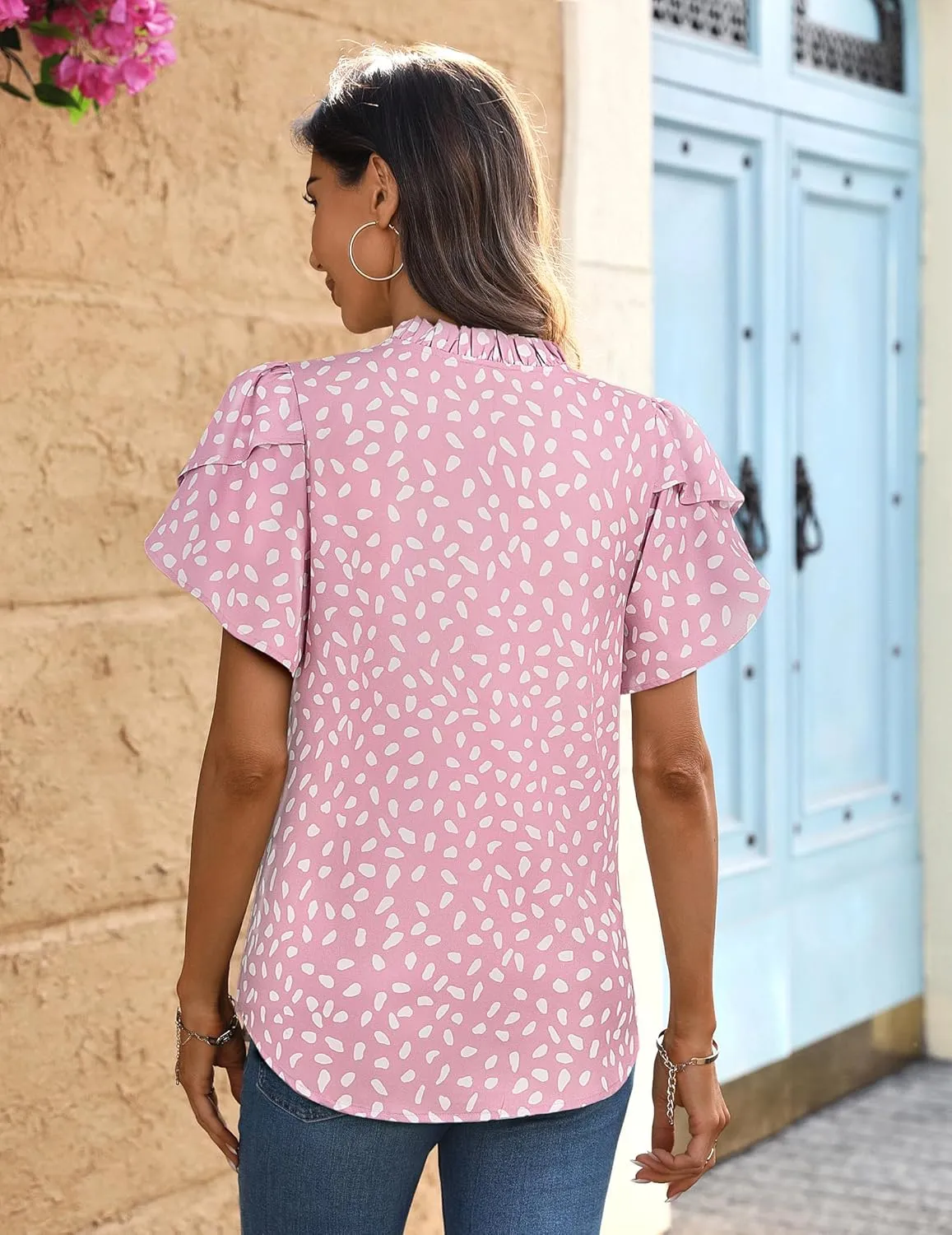 Womens Tops Dressy Casual Trendy Business Work Blouses Short Sleeve Ruffled V-Neck Tshirts