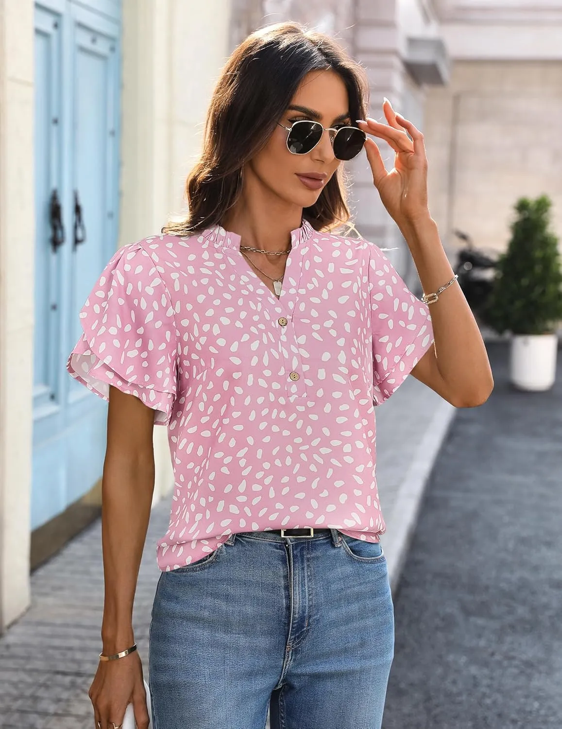 Womens Tops Dressy Casual Trendy Business Work Blouses Short Sleeve Ruffled V-Neck Tshirts