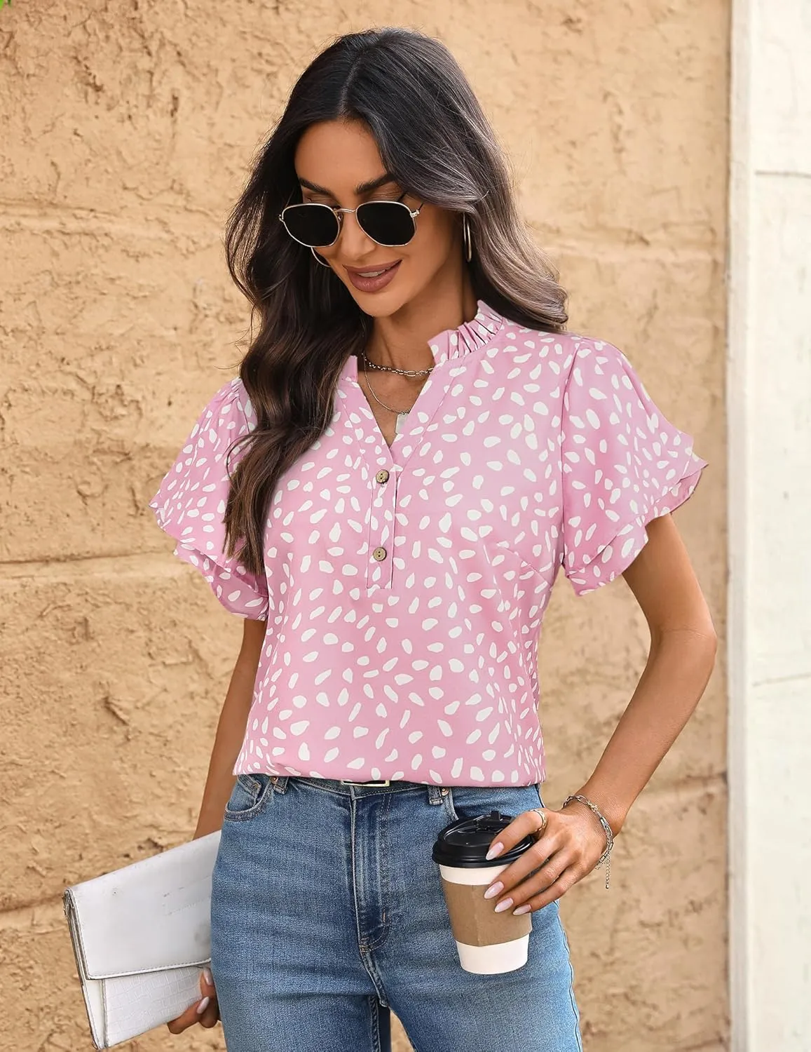 Womens Tops Dressy Casual Trendy Business Work Blouses Short Sleeve Ruffled V-Neck Tshirts