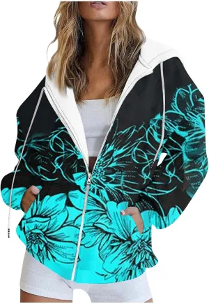 Women's Trendy Floral Printing Jacket Zip Up Long Sleeve Hoodies Streetwear Fashion Coat With Pockets