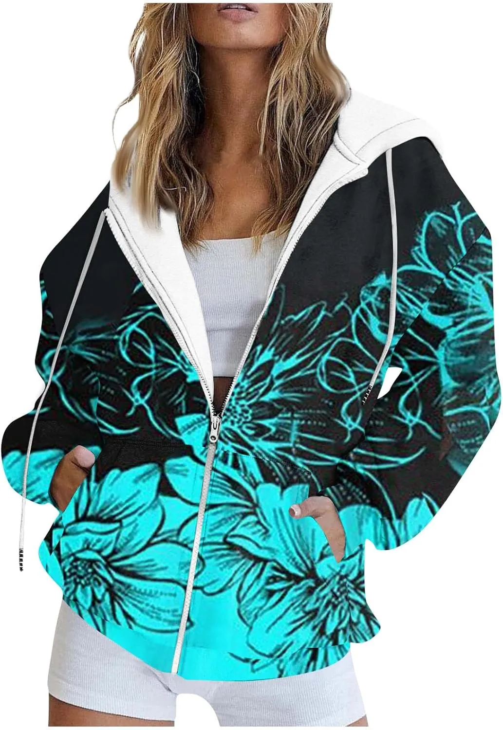 Women's Trendy Floral Printing Jacket Zip Up Long Sleeve Hoodies Streetwear Fashion Coat With Pockets
