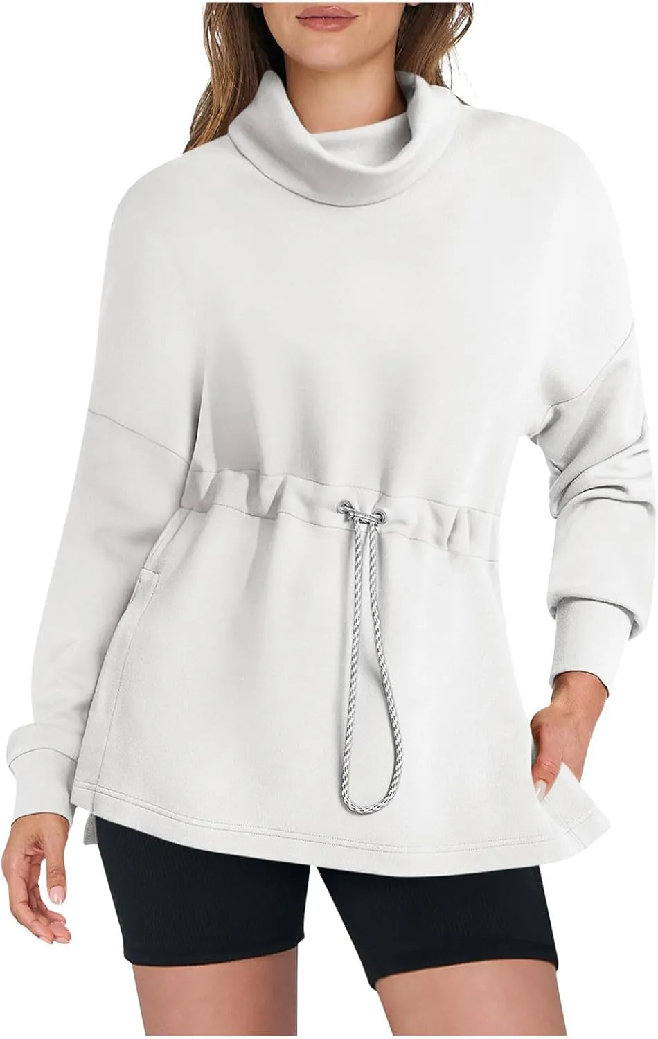 Womens Turtleneck Sweatshirts Long Sleeve Drawstring Waist Pullover Tops Trendy 2024 Fall Hoodies Preppy Outfits