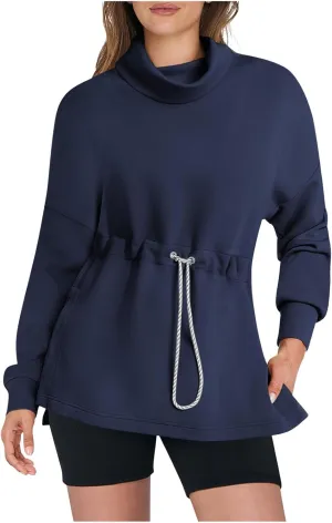 Womens Turtleneck Sweatshirts Long Sleeve Drawstring Waist Pullover Tops Trendy 2024 Fall Hoodies Preppy Outfits