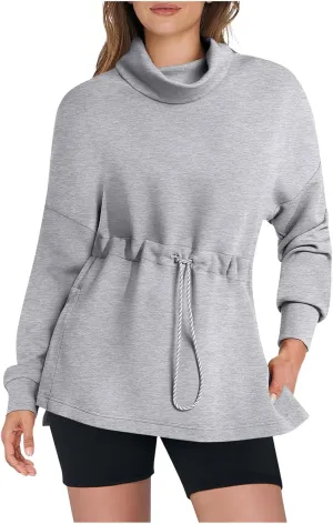 Womens Turtleneck Sweatshirts Long Sleeve Drawstring Waist Pullover Tops Trendy 2024 Fall Hoodies Preppy Outfits