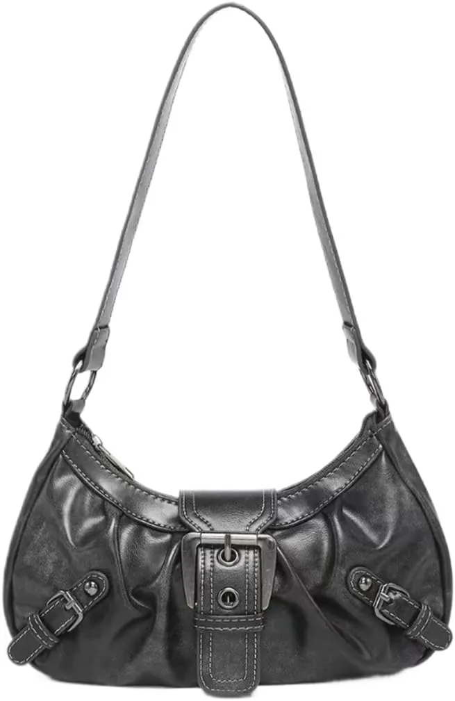 Women's Vintage Hobo Shoulder Bag - Y2K Punk Distressed PU Leather Grunge Fashion Satchel Purse