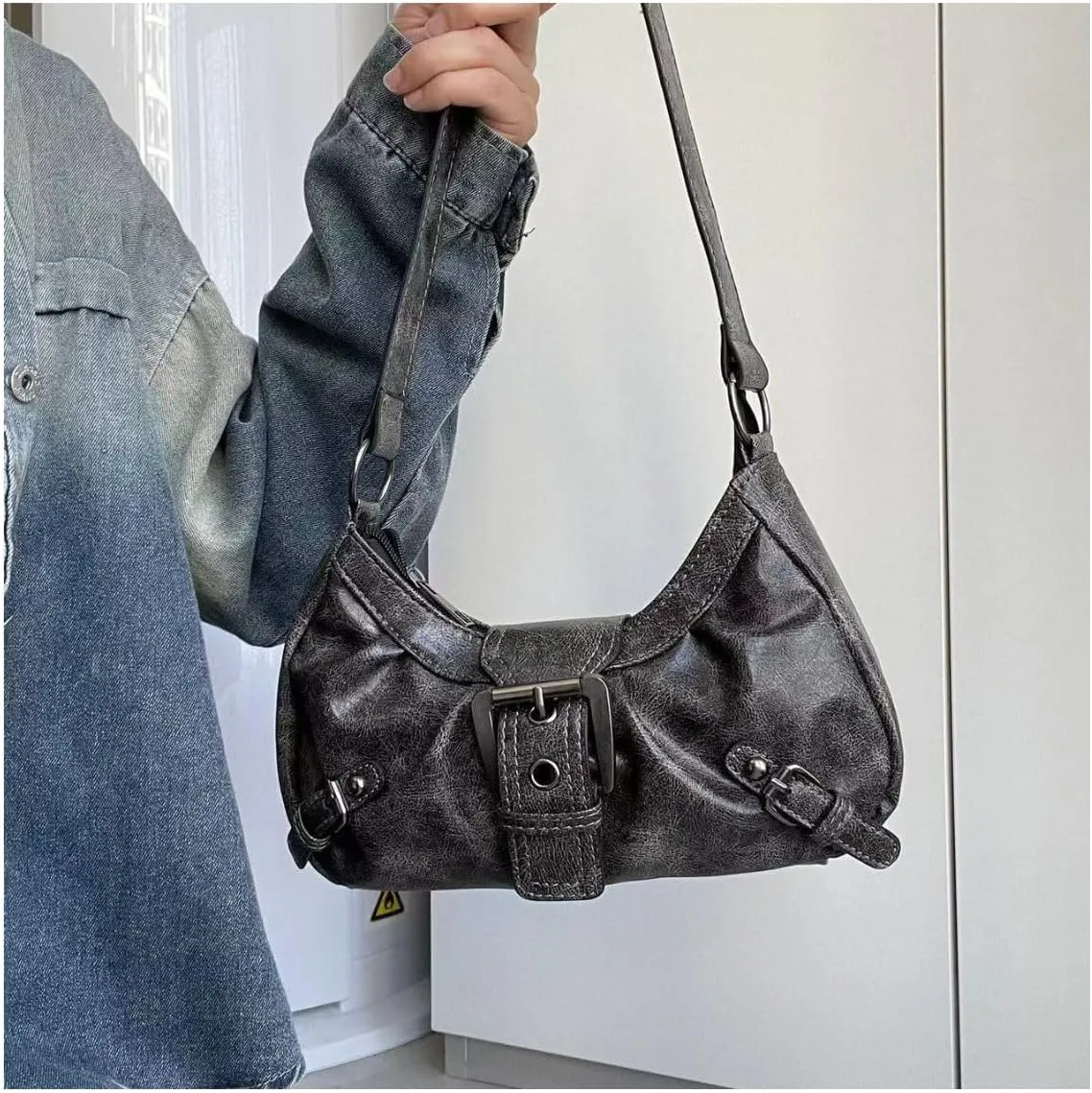 Women's Vintage Hobo Shoulder Bag - Y2K Punk Distressed PU Leather Grunge Fashion Satchel Purse