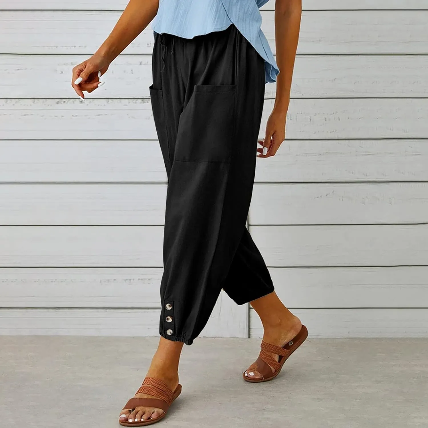 Womens Wide Leg Pants Casual Drawstring Capri Pants High Waist Cotton Linen Pants Lantern Tapered Harem Pants Slacks