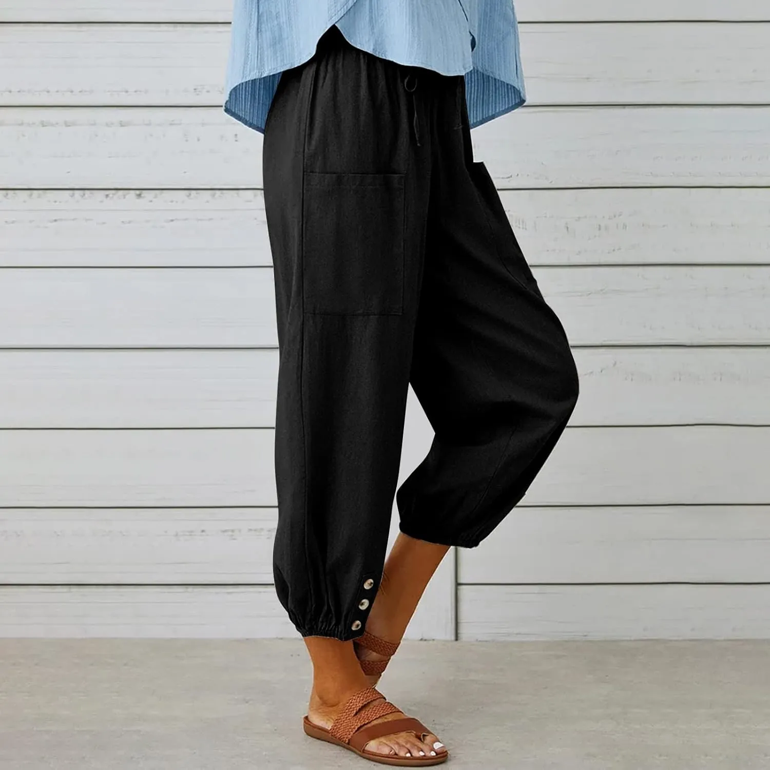 Womens Wide Leg Pants Casual Drawstring Capri Pants High Waist Cotton Linen Pants Lantern Tapered Harem Pants Slacks