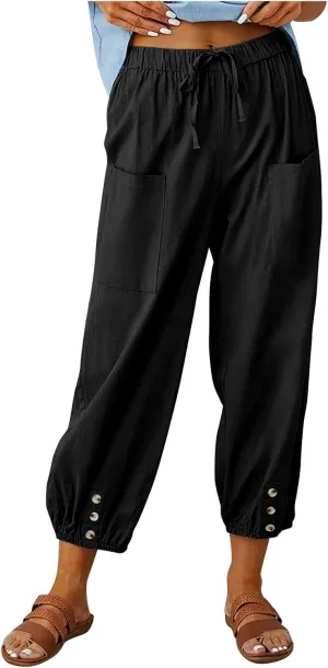 Womens Wide Leg Pants Casual Drawstring Capri Pants High Waist Cotton Linen Pants Lantern Tapered Harem Pants Slacks