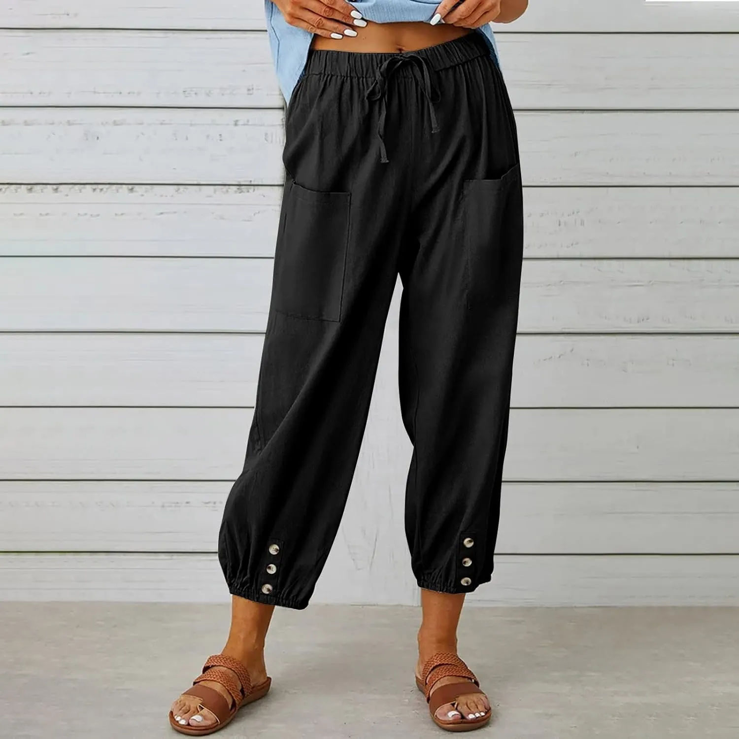 Womens Wide Leg Pants Casual Drawstring Capri Pants High Waist Cotton Linen Pants Lantern Tapered Harem Pants Slacks