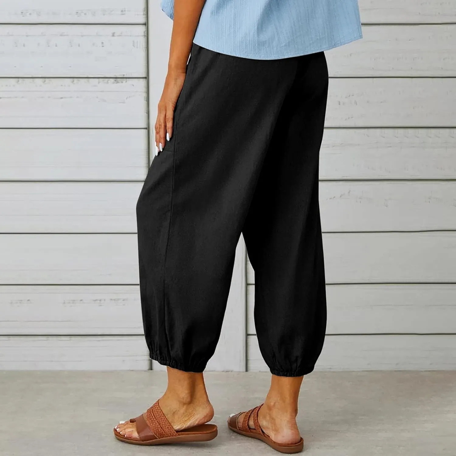 Womens Wide Leg Pants Casual Drawstring Capri Pants High Waist Cotton Linen Pants Lantern Tapered Harem Pants Slacks