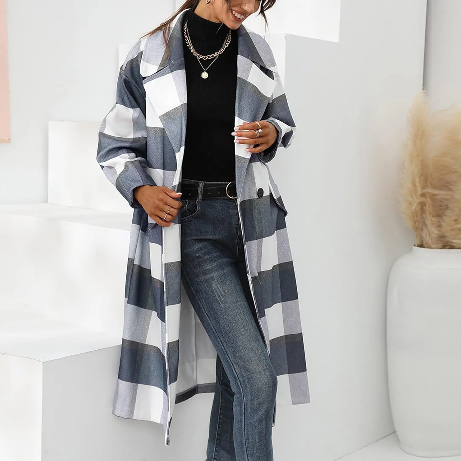 Womens Winter Buffalo Plaid Long Trench Coats Notch Lapel Long Sleeve Button Down Blazer Jackets Black Wool Peacoat