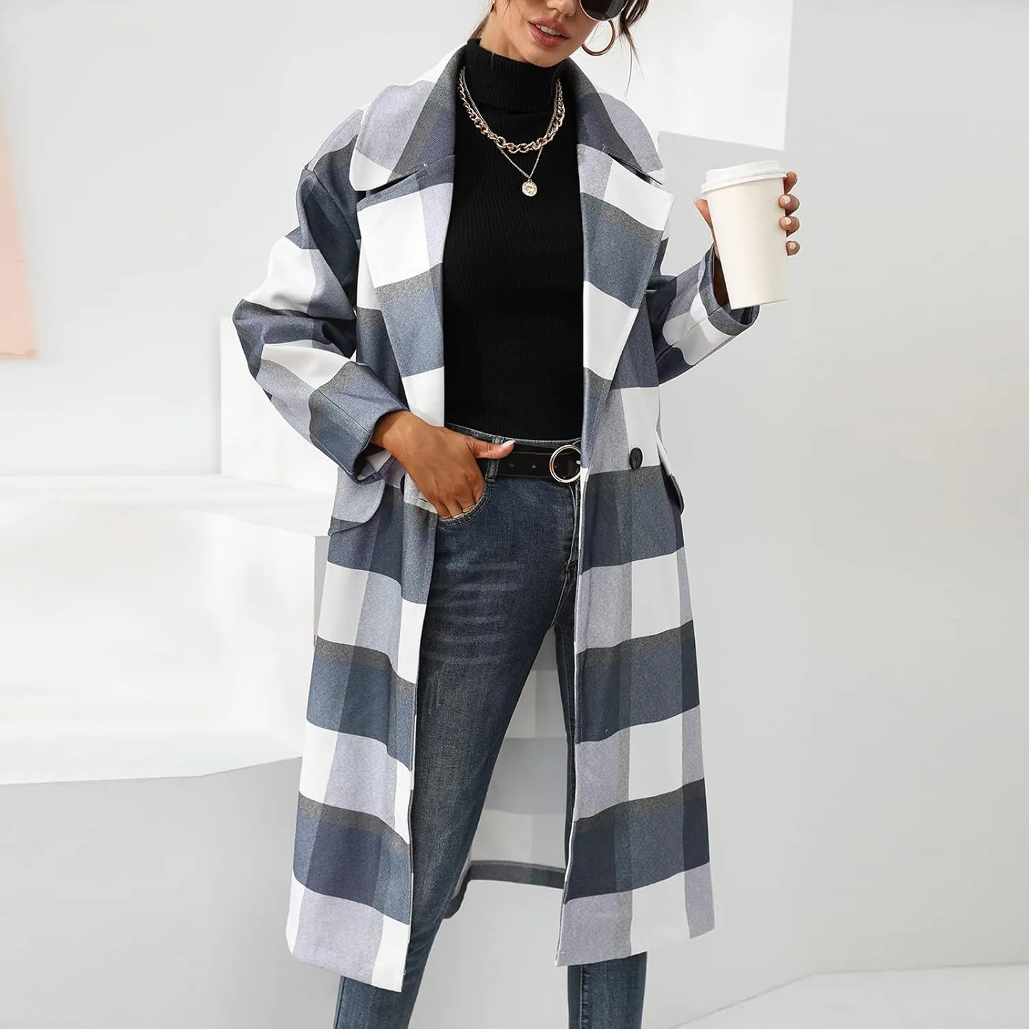 Womens Winter Buffalo Plaid Long Trench Coats Notch Lapel Long Sleeve Button Down Blazer Jackets Black Wool Peacoat