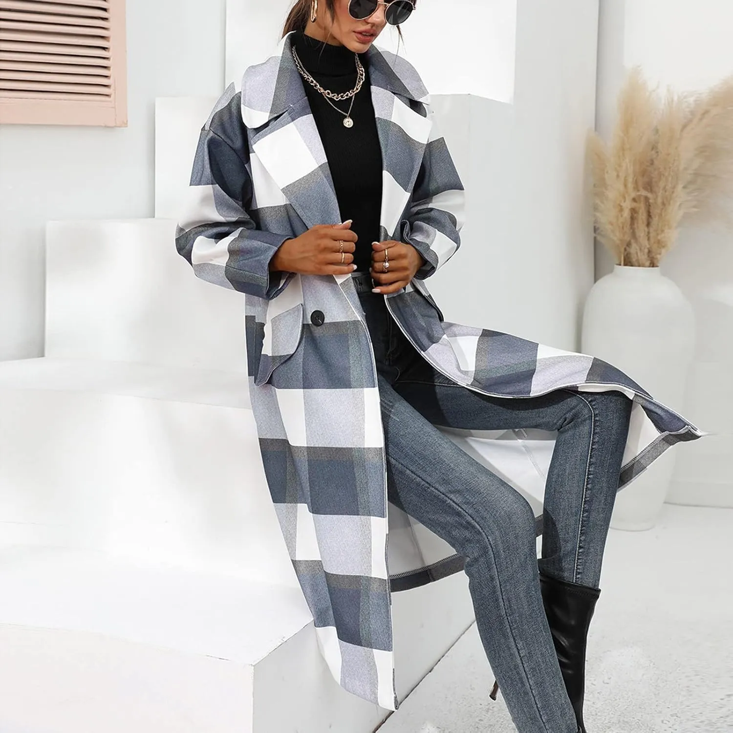 Womens Winter Buffalo Plaid Long Trench Coats Notch Lapel Long Sleeve Button Down Blazer Jackets Black Wool Peacoat