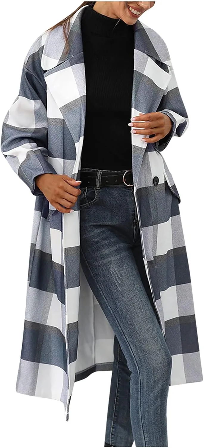 Womens Winter Buffalo Plaid Long Trench Coats Notch Lapel Long Sleeve Button Down Blazer Jackets Black Wool Peacoat