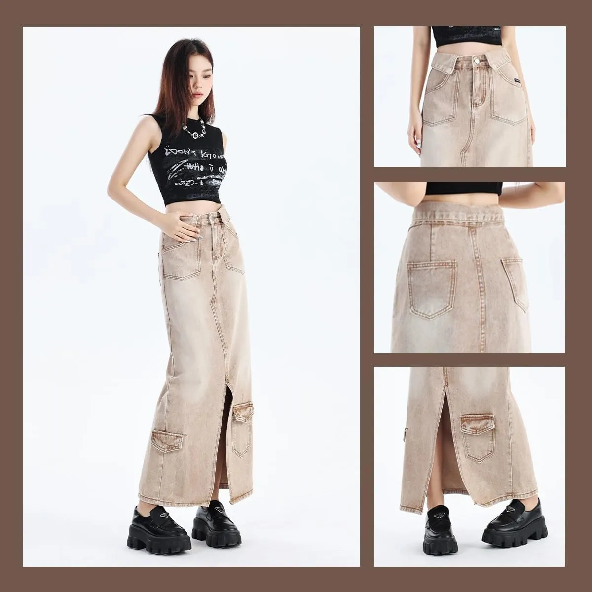 Women's Workwear Denim Skirt Retro high Waisted Flared Slit Pocket A-line Workwear Half Skirt Gothic Half Skirt