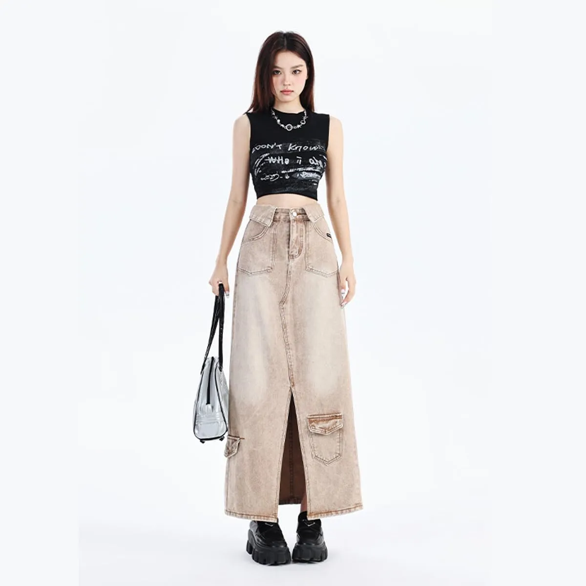 Women's Workwear Denim Skirt Retro high Waisted Flared Slit Pocket A-line Workwear Half Skirt Gothic Half Skirt