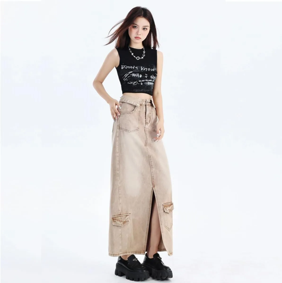Women's Workwear Denim Skirt Retro high Waisted Flared Slit Pocket A-line Workwear Half Skirt Gothic Half Skirt