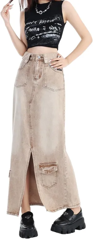Women's Workwear Denim Skirt Retro high Waisted Flared Slit Pocket A-line Workwear Half Skirt Gothic Half Skirt
