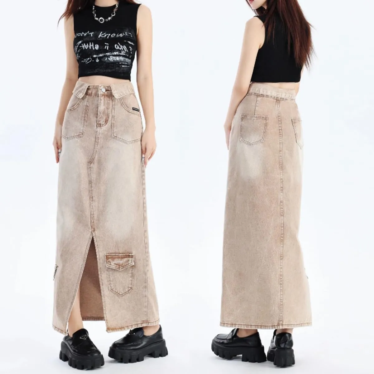 Women's Workwear Denim Skirt Retro high Waisted Flared Slit Pocket A-line Workwear Half Skirt Gothic Half Skirt