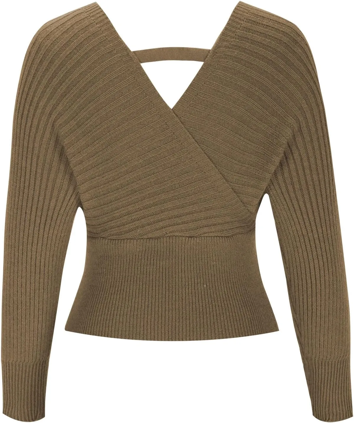 Women's Wrap V Neck Knit Cropped Sweater Puff Long Sleeve Sexy Cross Drop Shoulder Off Shoulder Pullover Tops