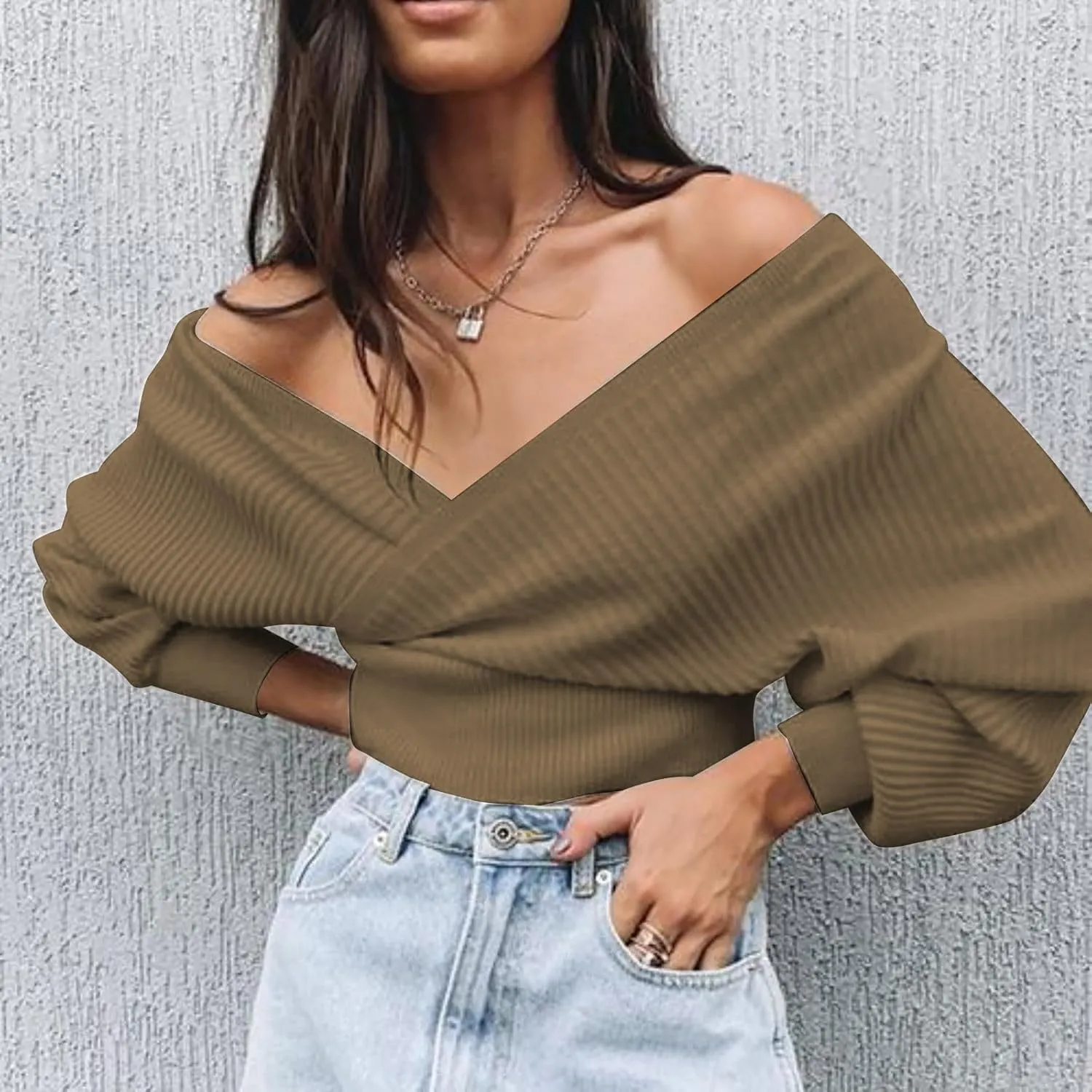 Women's Wrap V Neck Knit Cropped Sweater Puff Long Sleeve Sexy Cross Drop Shoulder Off Shoulder Pullover Tops