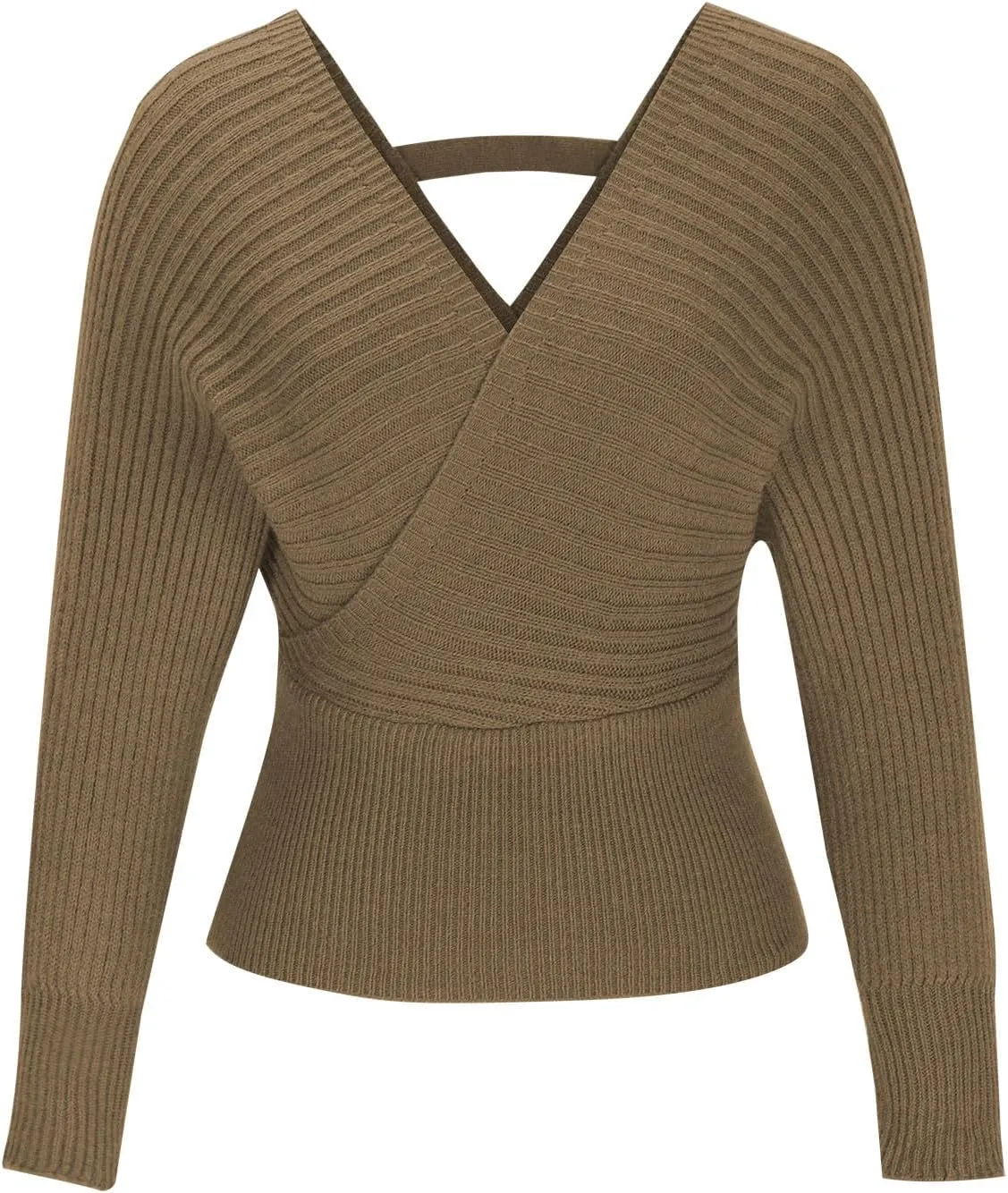 Women's Wrap V Neck Knit Cropped Sweater Puff Long Sleeve Sexy Cross Drop Shoulder Off Shoulder Pullover Tops