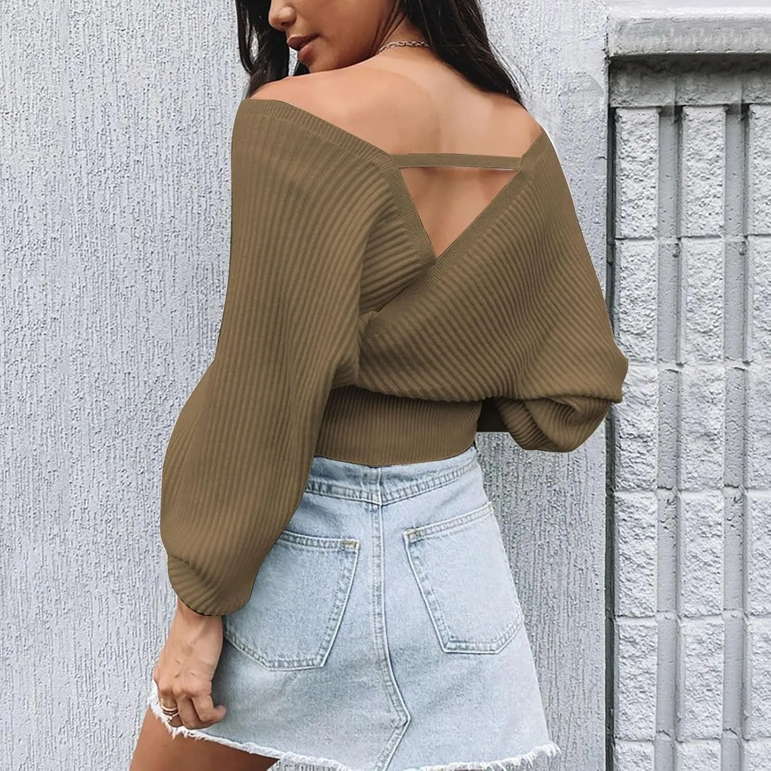 Women's Wrap V Neck Knit Cropped Sweater Puff Long Sleeve Sexy Cross Drop Shoulder Off Shoulder Pullover Tops