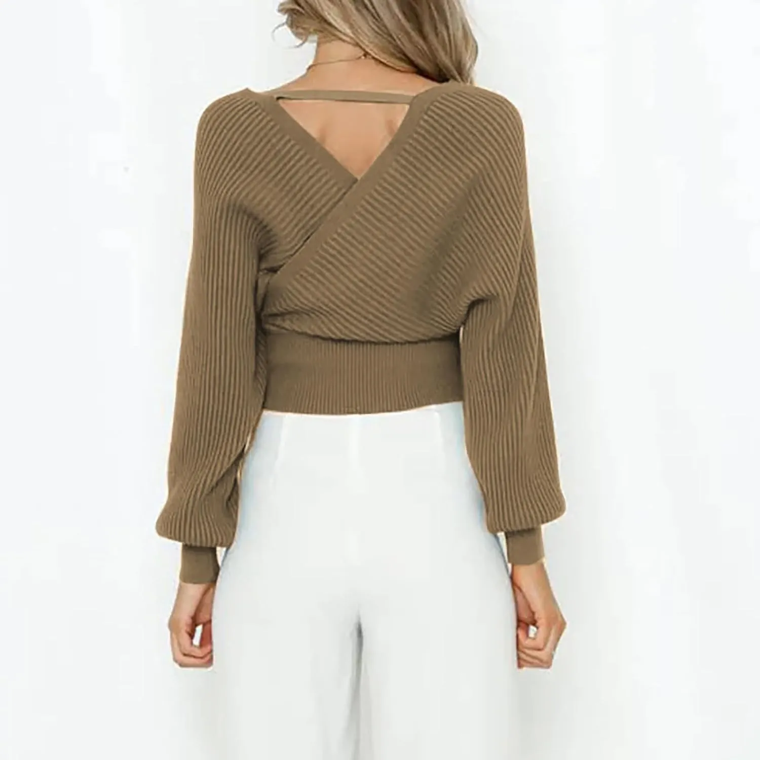 Women's Wrap V Neck Knit Cropped Sweater Puff Long Sleeve Sexy Cross Drop Shoulder Off Shoulder Pullover Tops