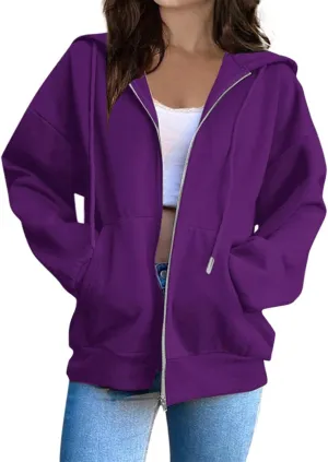 Womens Zip Up Hoodies Casual Long Sleeve Sweatershirts Oversized Drawstring Jackets with Pockets