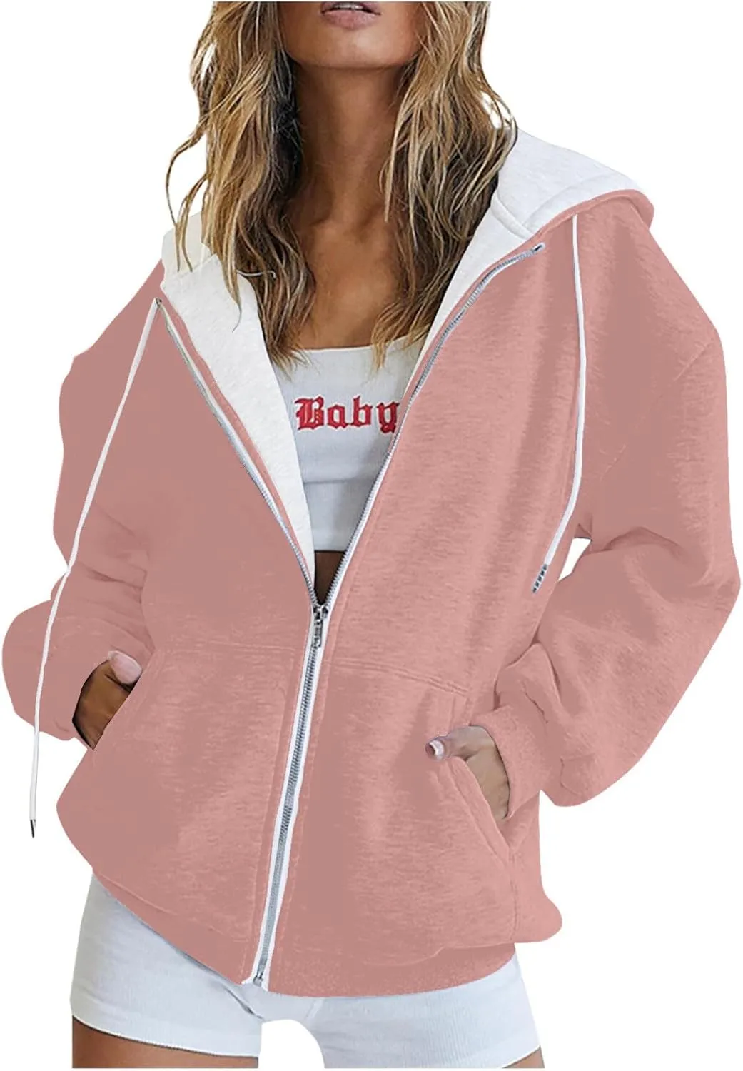 Womens Zip Up Hoodies Casual Oversized Fleece Sweatshirts Long Sleeve Jacket with Pockets 2024 Fall Sweatshirts