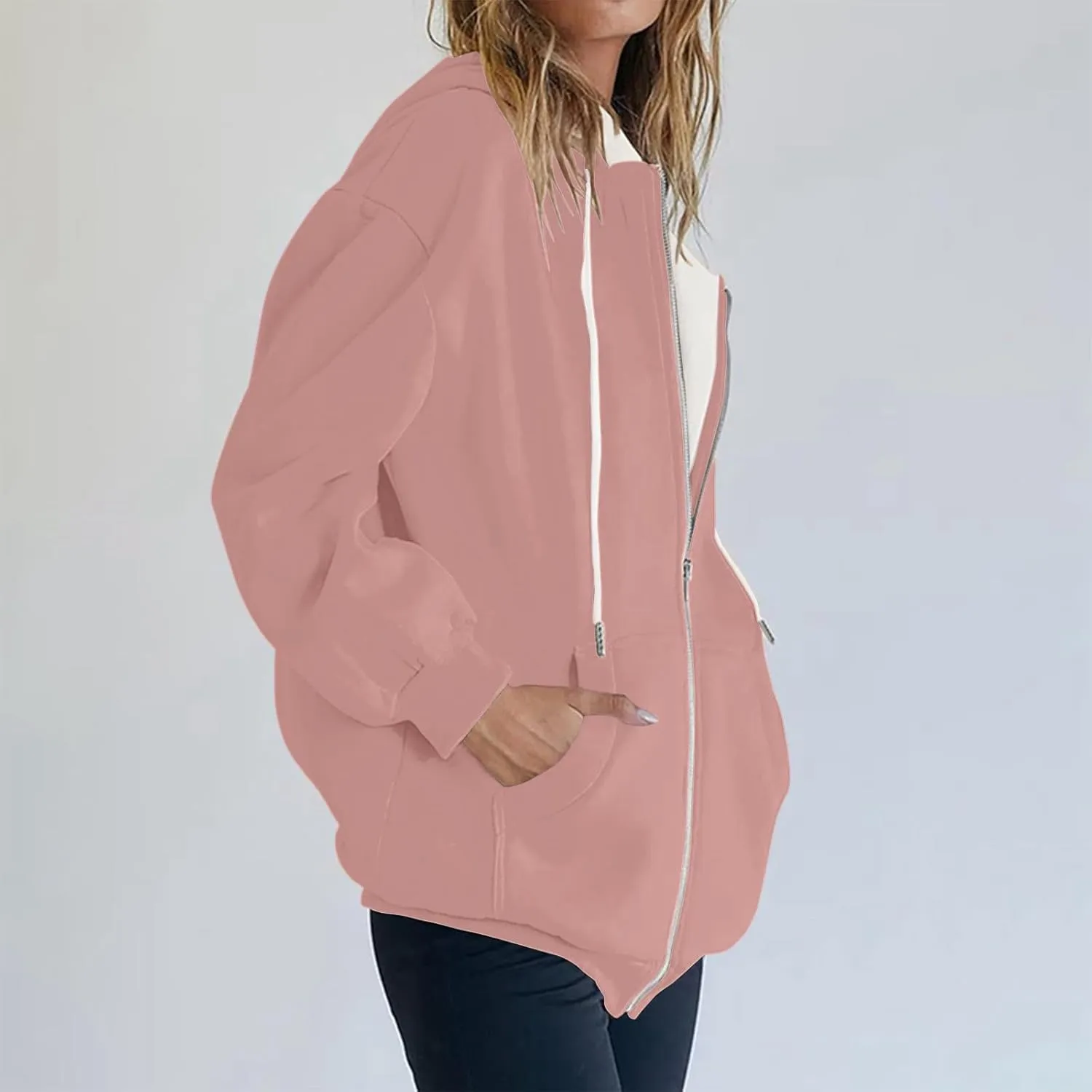 Womens Zip Up Hoodies Casual Oversized Fleece Sweatshirts Long Sleeve Jacket with Pockets 2024 Fall Sweatshirts