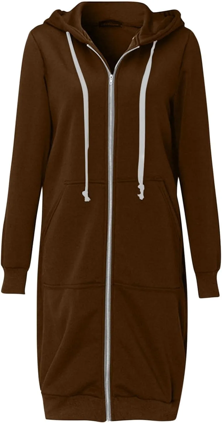 Womens Zip Up Hoodies Long Casual Drawstring Fleece Sweatshirt Lightweight Oversized Jackets Coat Fall Clothes