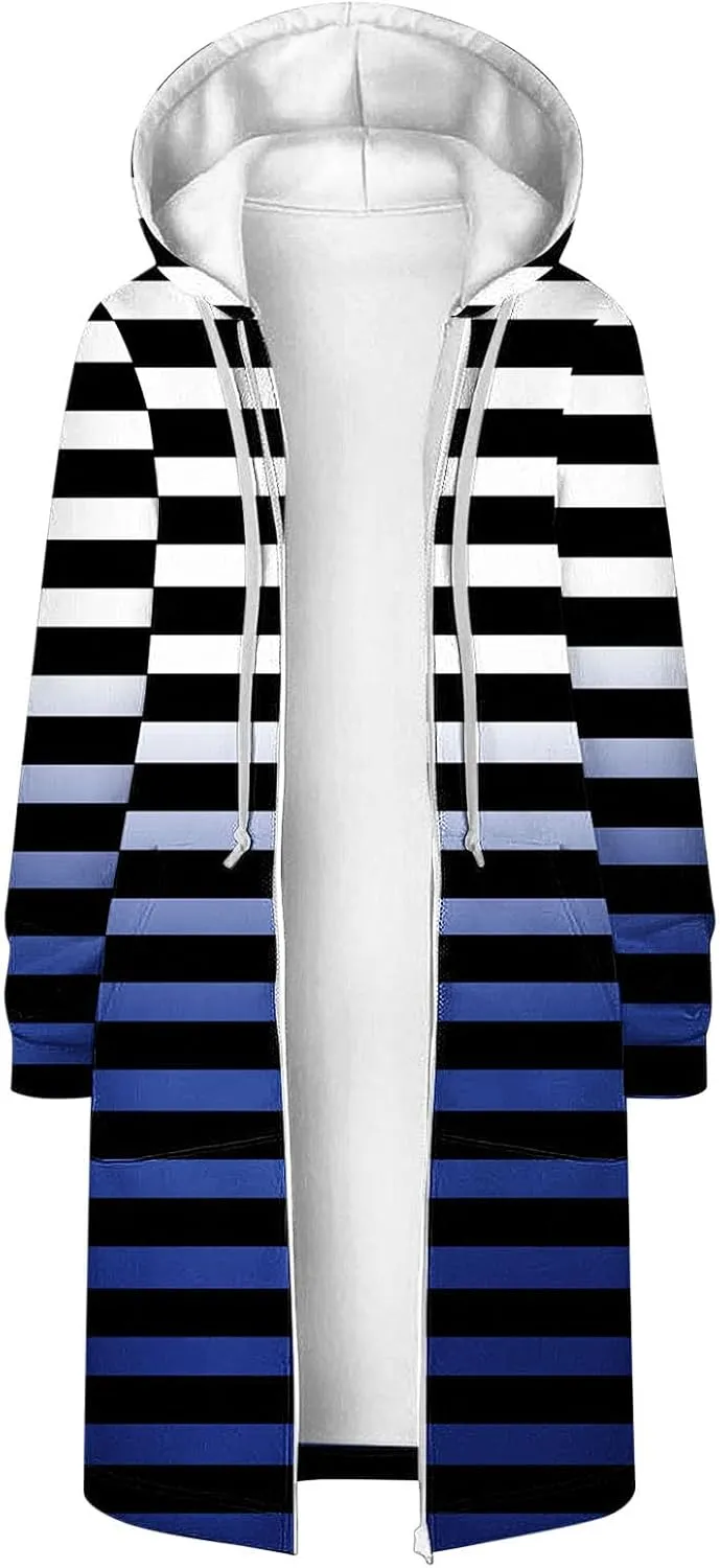 Women's Zip Up Hoodies Oversized Fleece Long Tunic Hooded Sweatshirts Casual Long Sleeve Stripes Hoodie Jacket Coat