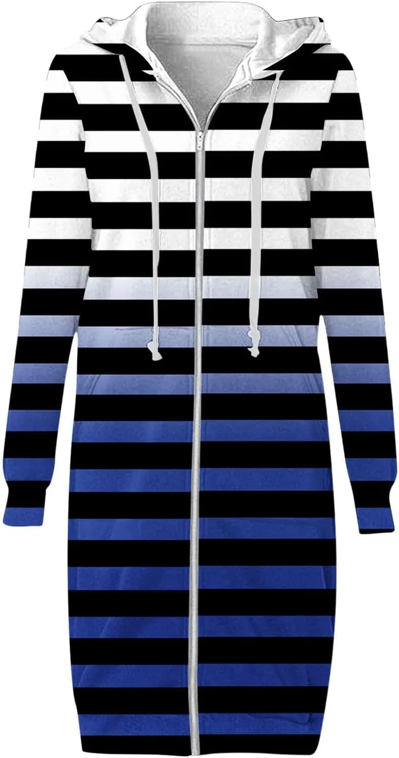 Women's Zip Up Hoodies Oversized Fleece Long Tunic Hooded Sweatshirts Casual Long Sleeve Stripes Hoodie Jacket Coat