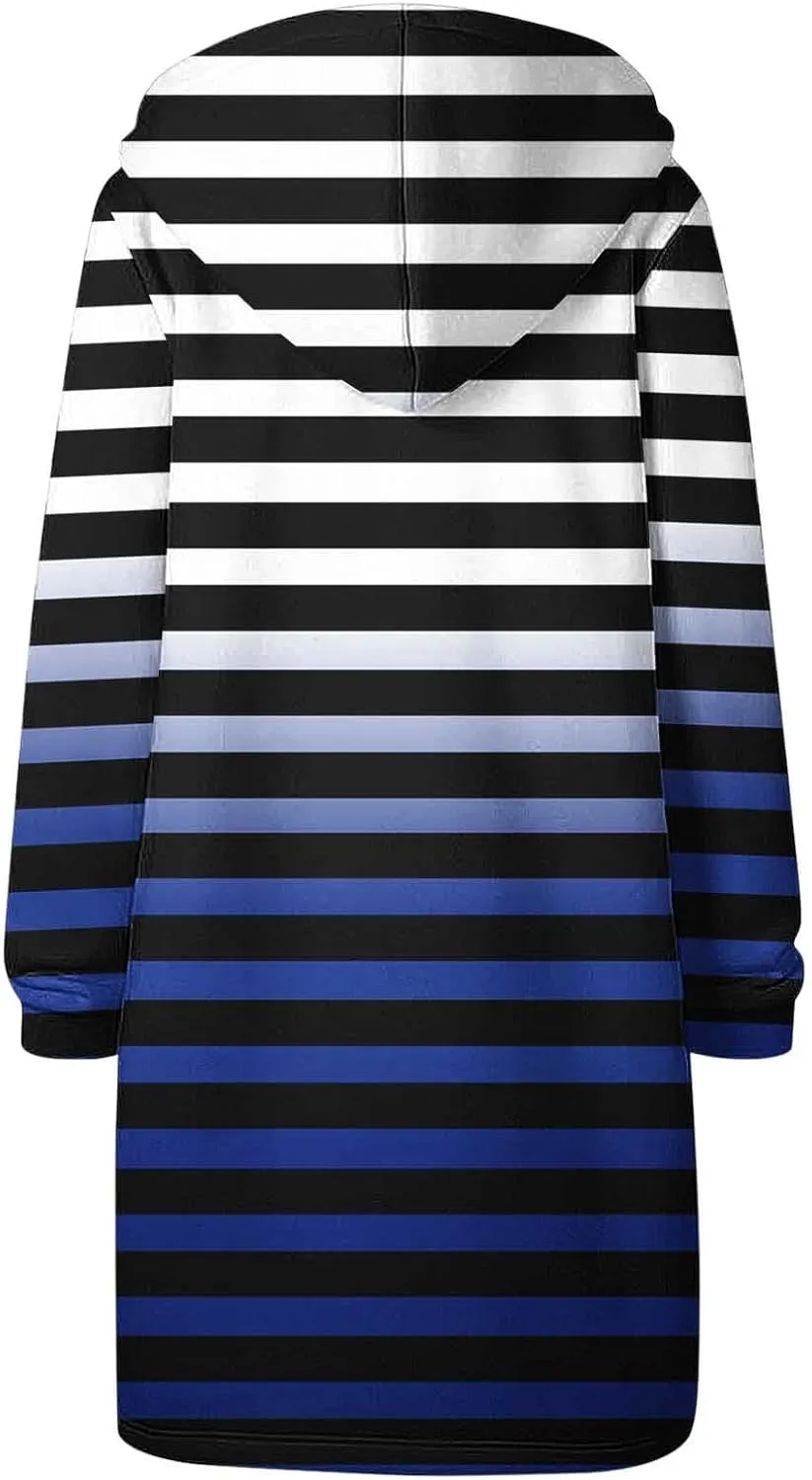 Women's Zip Up Hoodies Oversized Fleece Long Tunic Hooded Sweatshirts Casual Long Sleeve Stripes Hoodie Jacket Coat