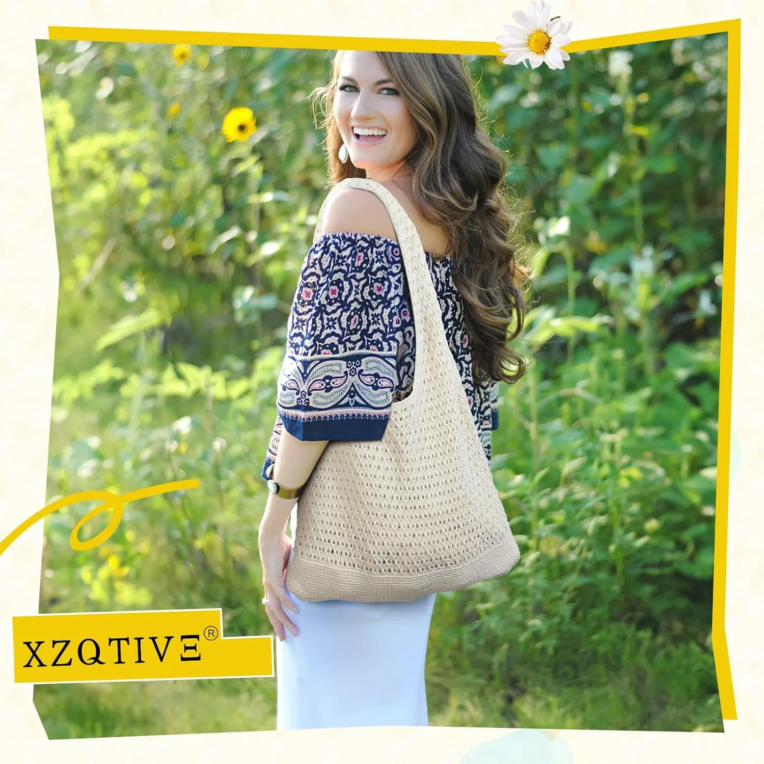XZQTIVE Crochet Tote Bag for Women Mesh Beach bag for Summer Vacation Aesthetic Hobo Knit Shoulder Bag