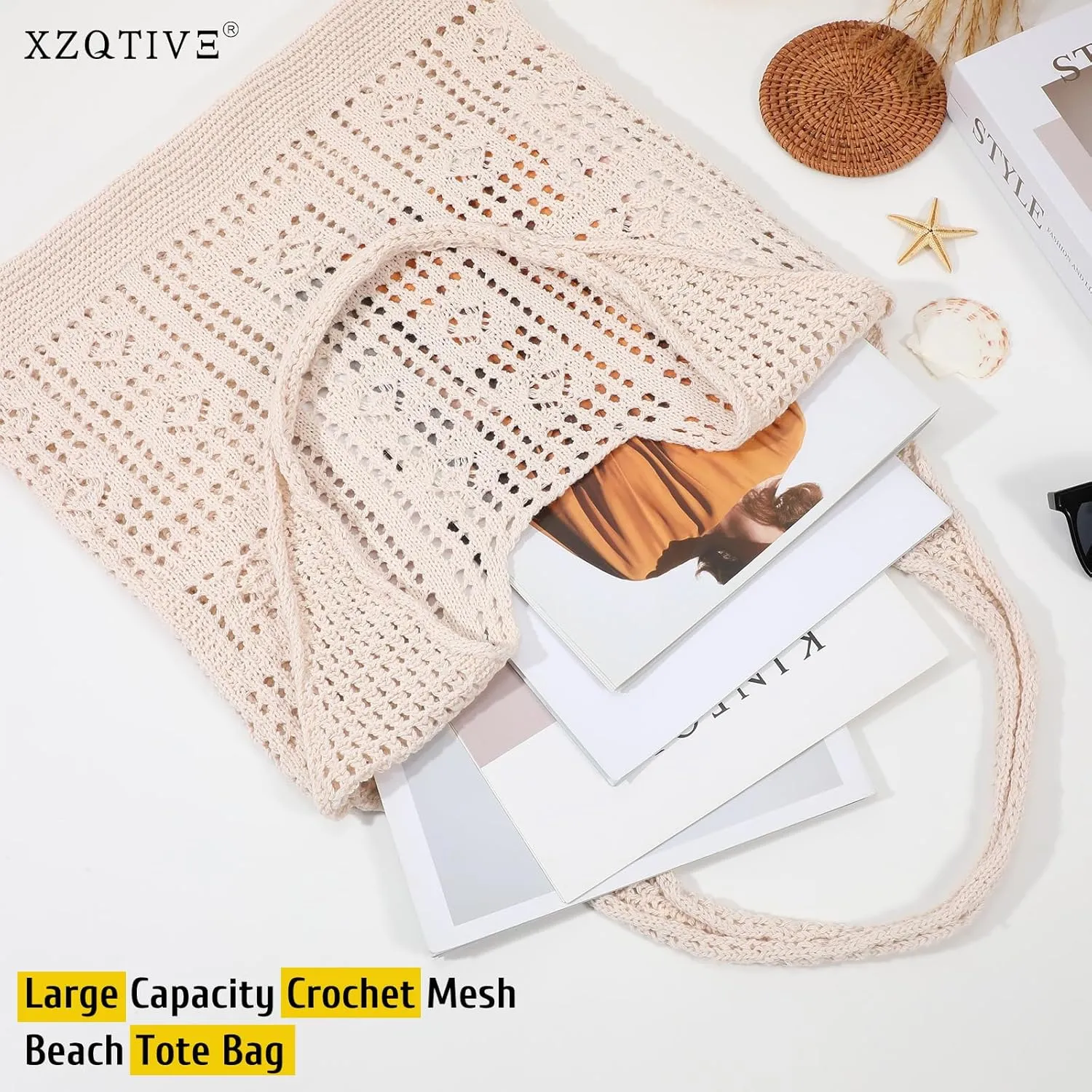 XZQTIVE Crochet Tote Bag for Women Mesh Beach bag for Summer Vacation Aesthetic Hobo Knit Shoulder Bag