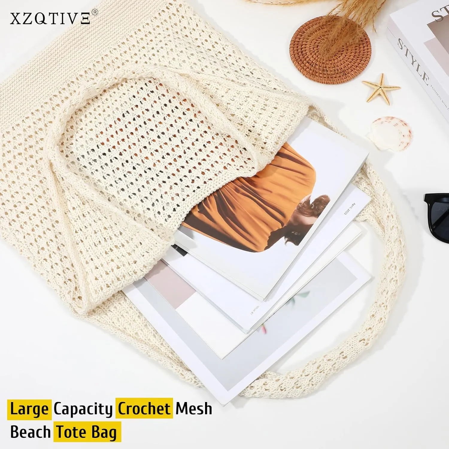 XZQTIVE Crochet Tote Bag for Women Mesh Beach bag for Summer Vacation Aesthetic Hobo Knit Shoulder Bag