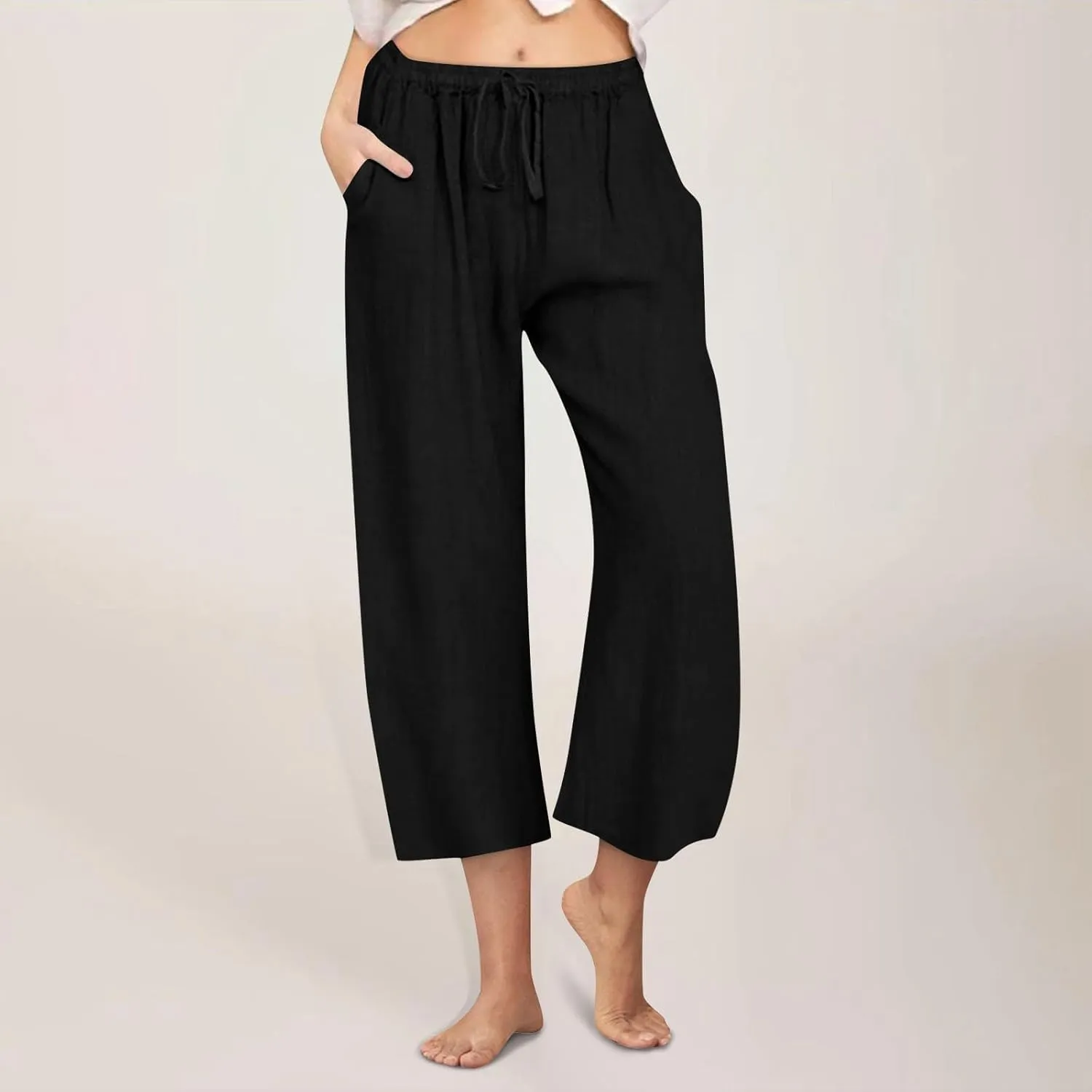 yardsong Capri Pants for Women Cotton Linen Summer Wide Leg Pants Casual Loose Fit Drawstring Boho Beach Pant with Pockets