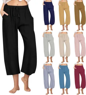 yardsong Capri Pants for Women Cotton Linen Summer Wide Leg Pants Casual Loose Fit Drawstring Boho Beach Pant with Pockets