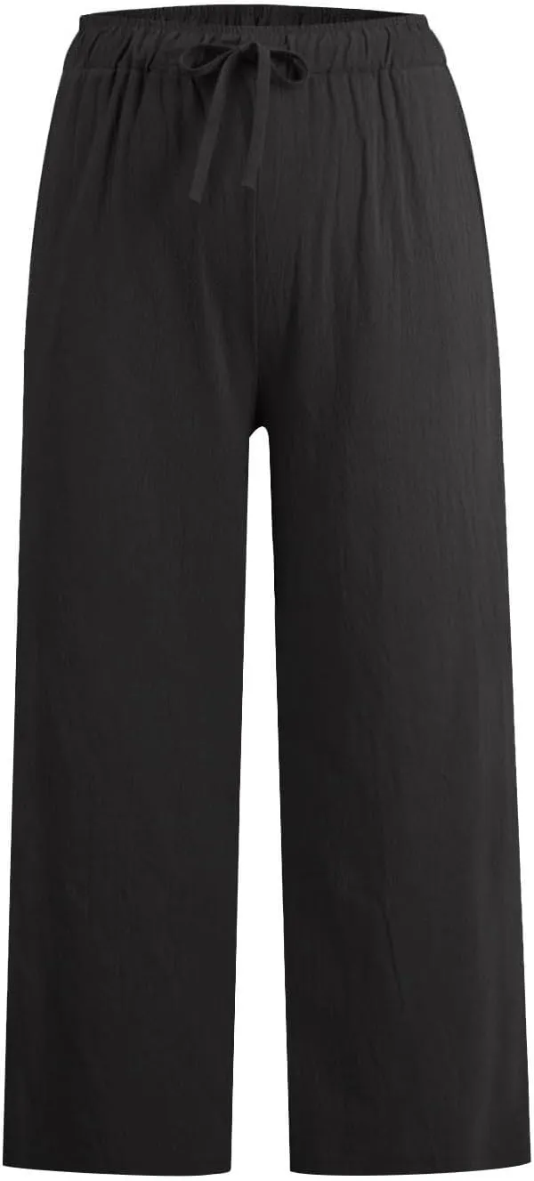 yardsong Capri Pants for Women Cotton Linen Summer Wide Leg Pants Casual Loose Fit Drawstring Boho Beach Pant with Pockets