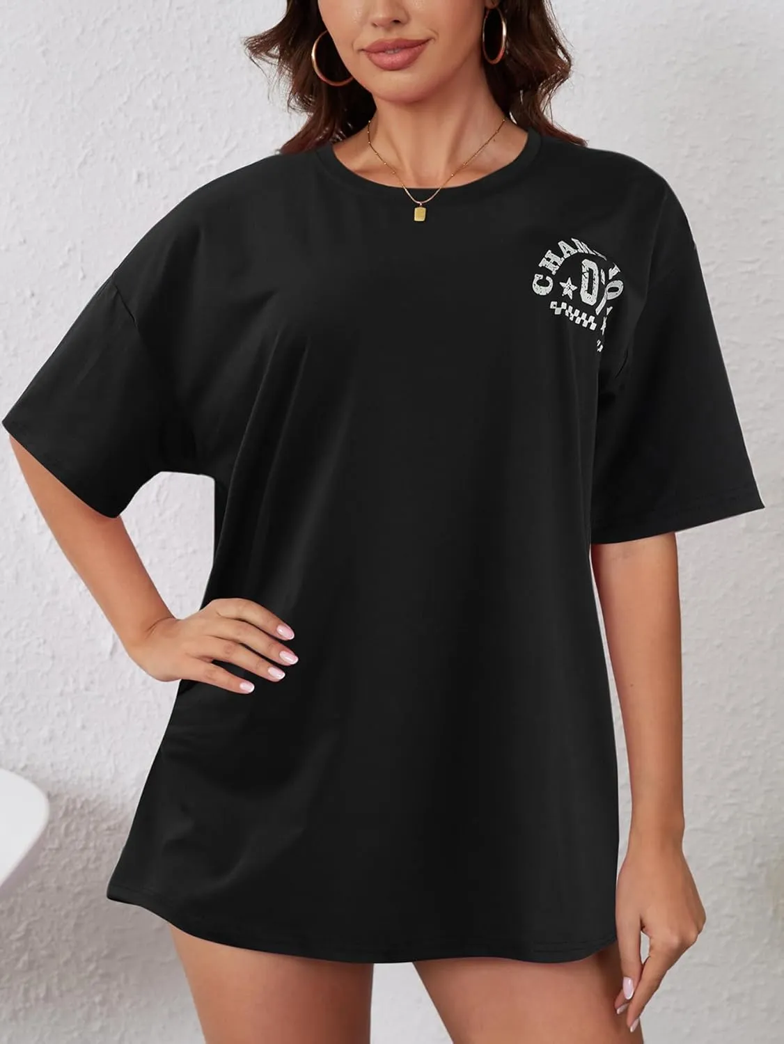 YIJIU Women's Graphic Oversized T Shirts Letter Print Short Sleeve Loose Casual Summer Tops