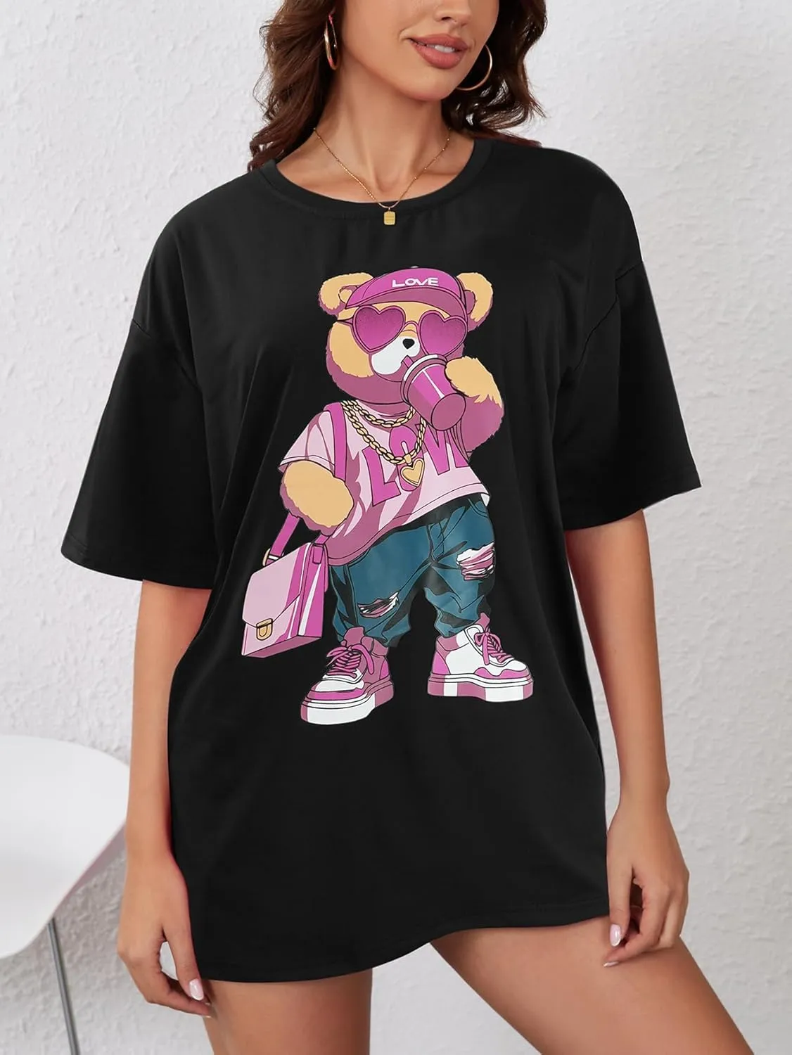 YIJIU Women's Graphic Oversized T Shirts Letter Print Short Sleeve Loose Casual Summer Tops