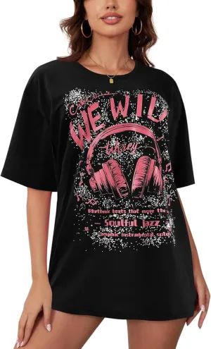 YIJIU Women's Graphic Oversized T Shirts Letter Print Short Sleeve Loose Casual Summer Tops