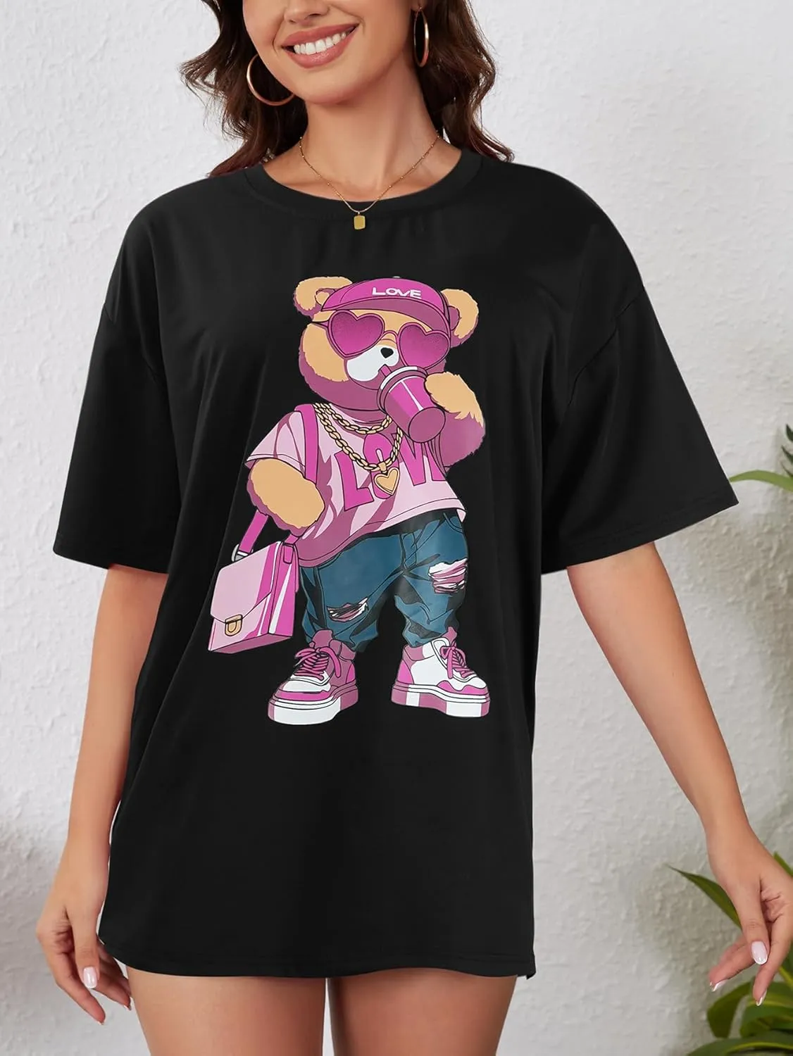 YIJIU Women's Graphic Oversized T Shirts Letter Print Short Sleeve Loose Casual Summer Tops